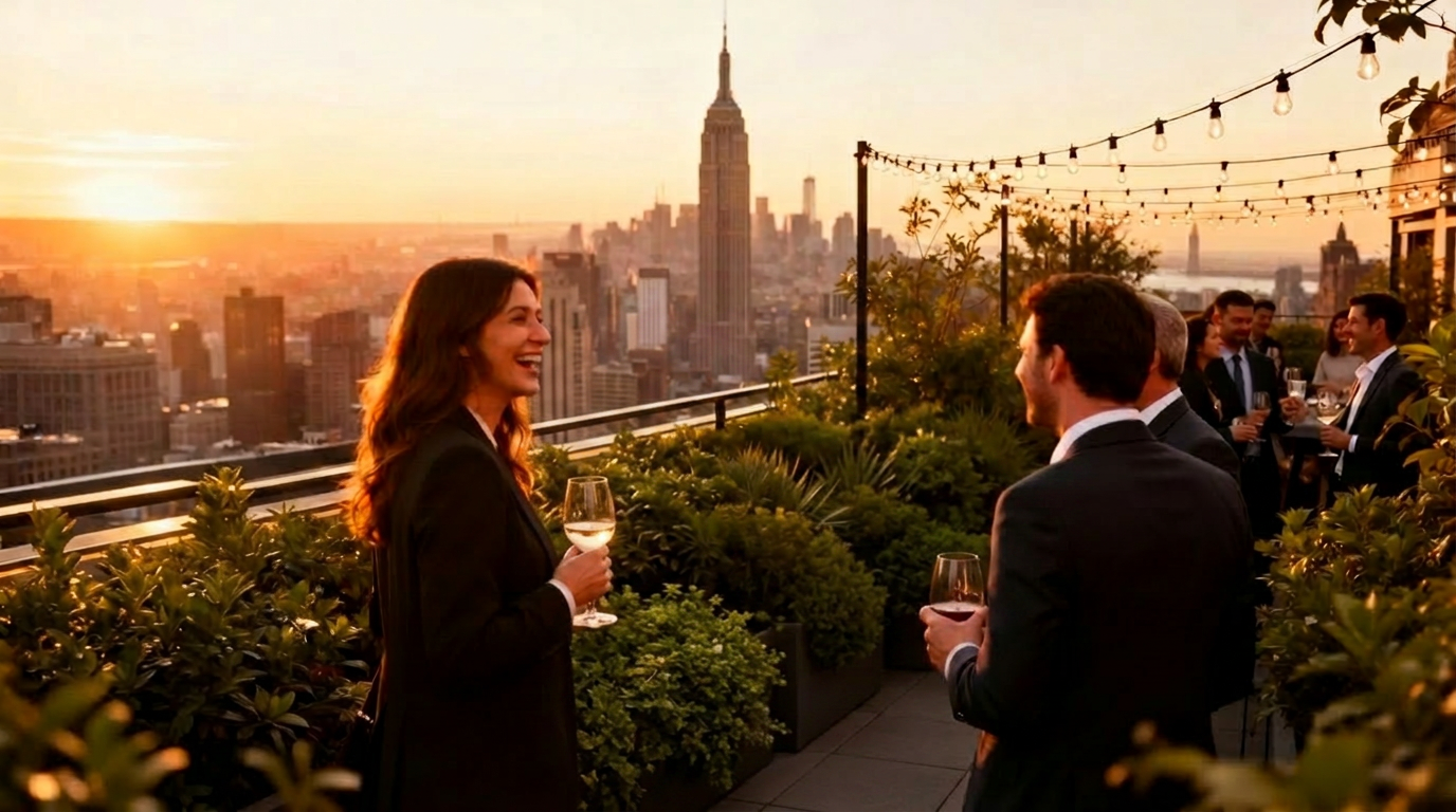 Group of founders networking at a Manhattan rooftop sunset with the NYC skyline